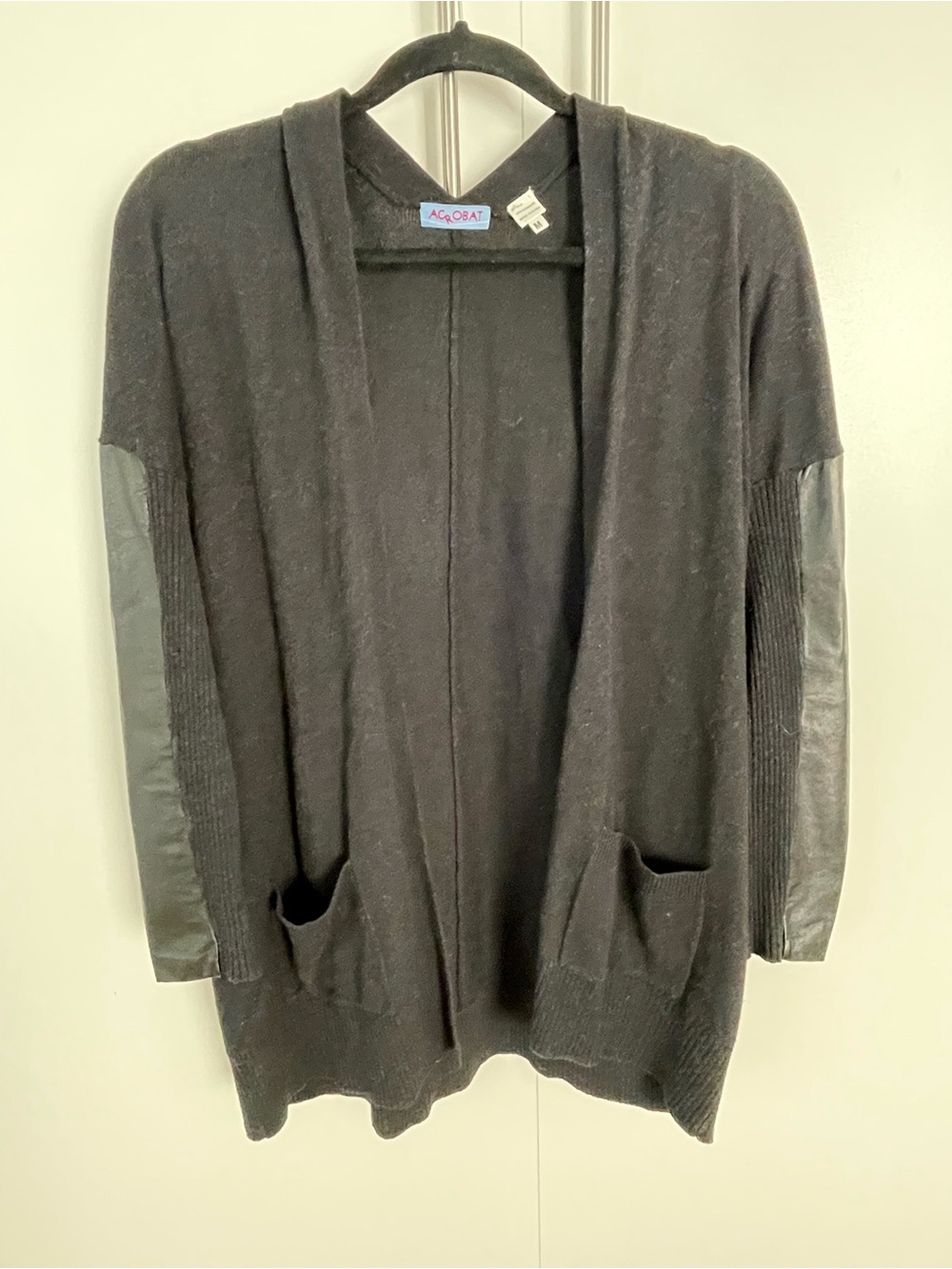 Black Acrobat silk/cashmere blend open cardigan with leather sleeve accents, M
